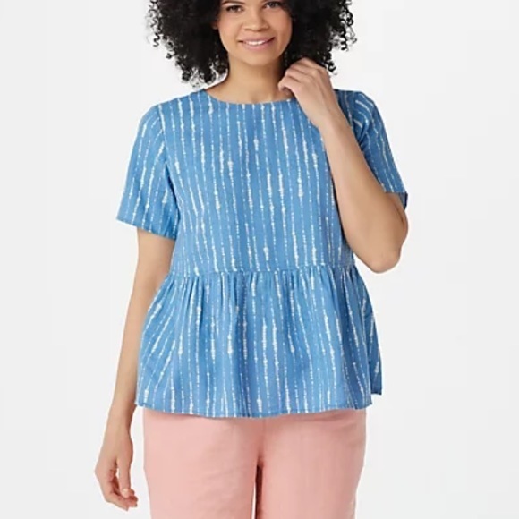 Denim & Co. Naturals Printed Linen Blend Peplum Blouse Plus Size 2X Blue/White - Picture 2 of 11